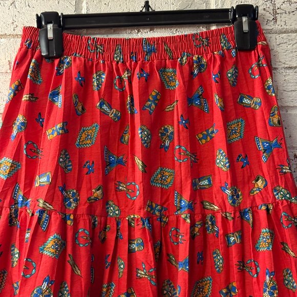 Vintage Cee Jay Sport Red Southwestern Print Tiered Skirt | Made in USA | Size M - Picture 2 of 9